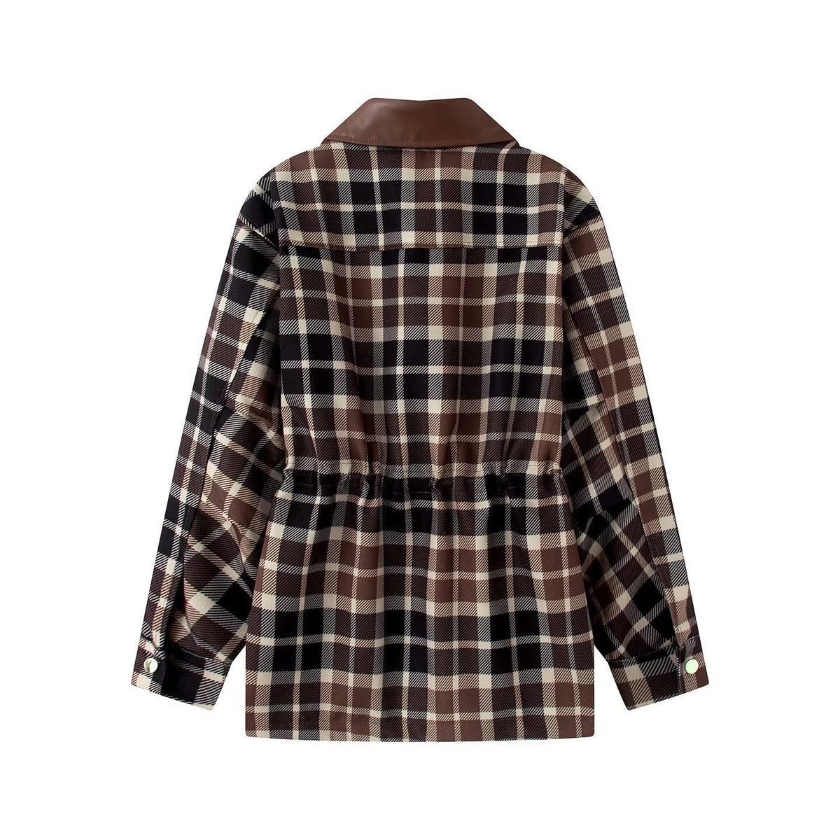 Single breasted contrasting collar plaid long sleeved jacket