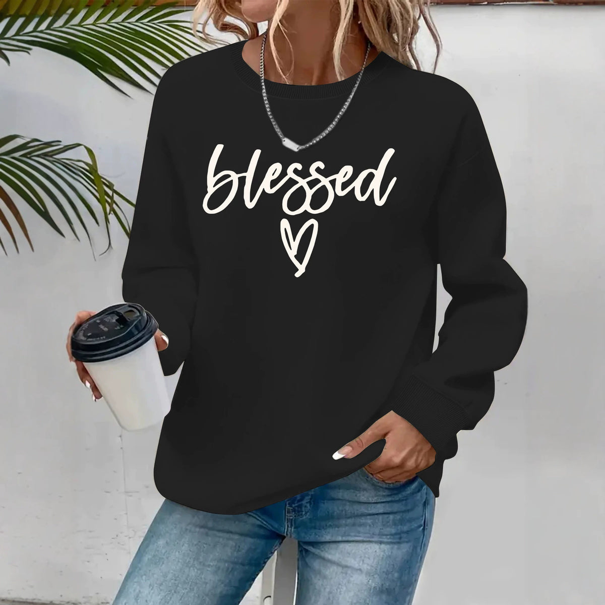 Blessing letter and heart-shaped printed round neck fleece hoodie