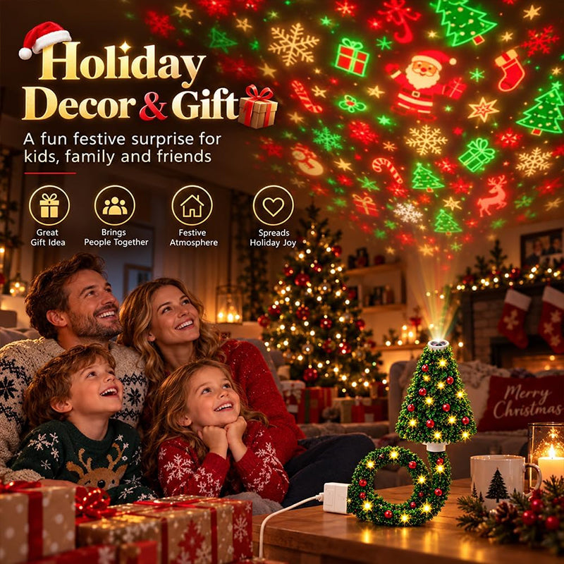 Christmas Projector Light – USB Powered Holiday Night Light with 6+ Patterns, Flexible Tree Lamp for Bedroom & Ceiling Decor