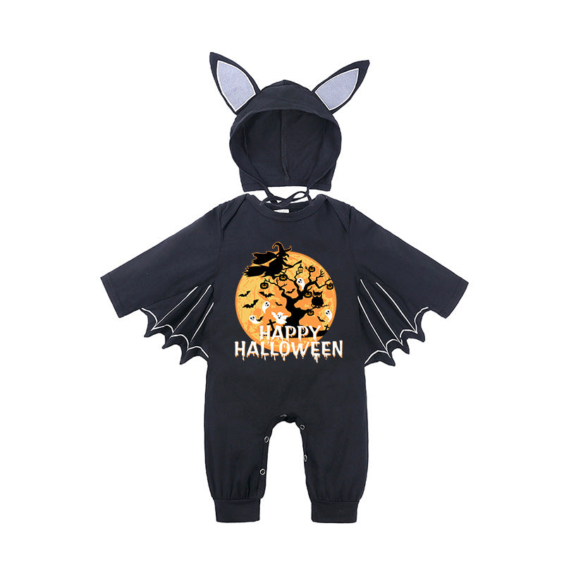Baby Halloween Long Sleeve Onesie with Pumpkin and Bat Design, Infant Bodysuit for Crawling