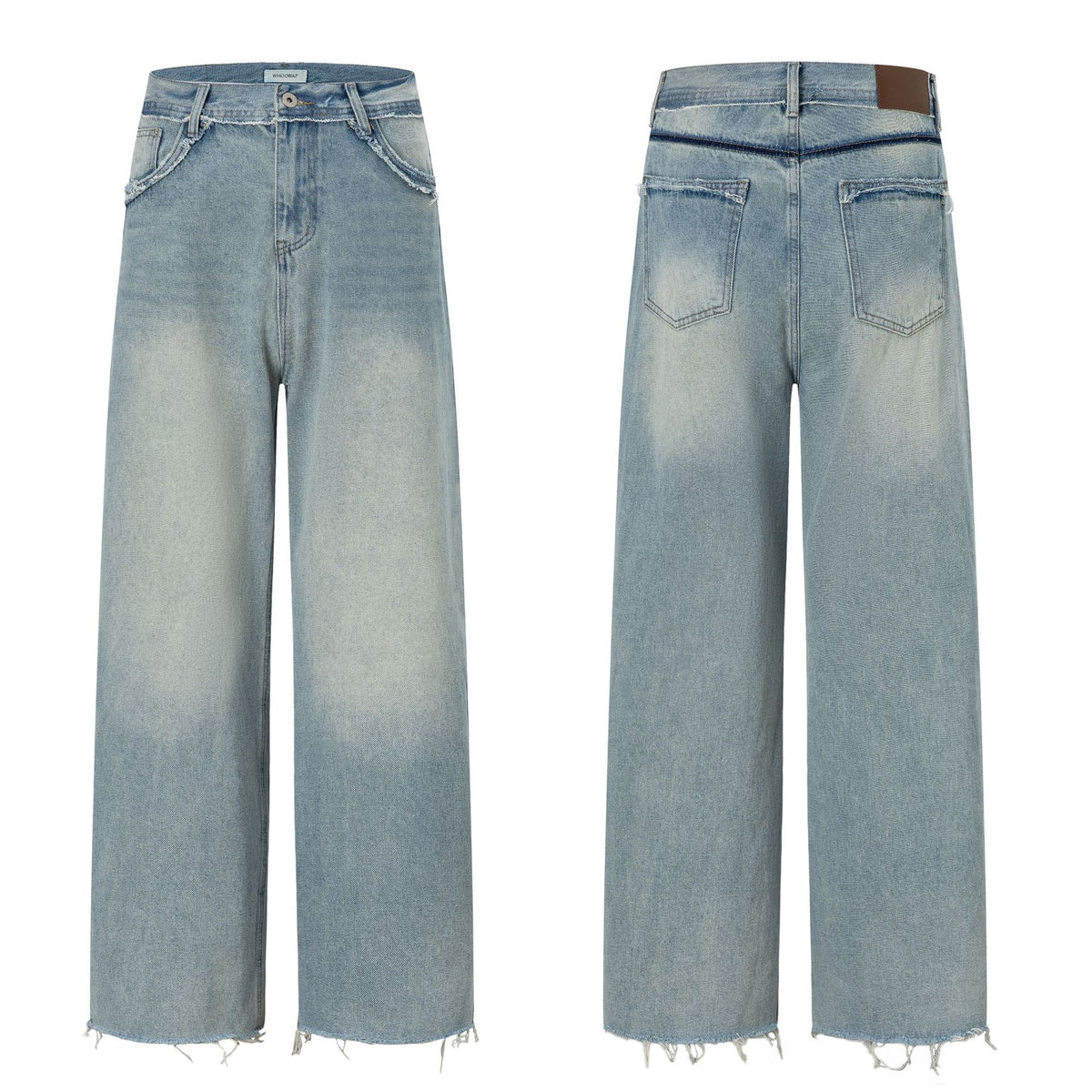 Wide Leg Denim Pants with Exposed Waist and Distressed Faded Finish