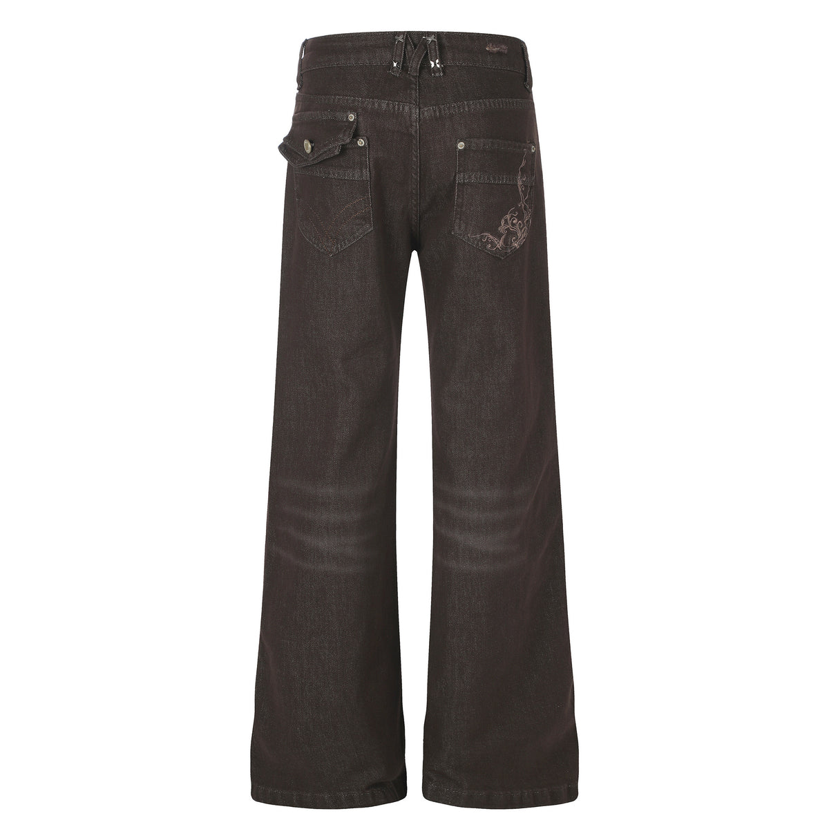 Women's High Street Embroidered Pocket Washed Distressed Cat Whisker Micro Flare Denim Jeans