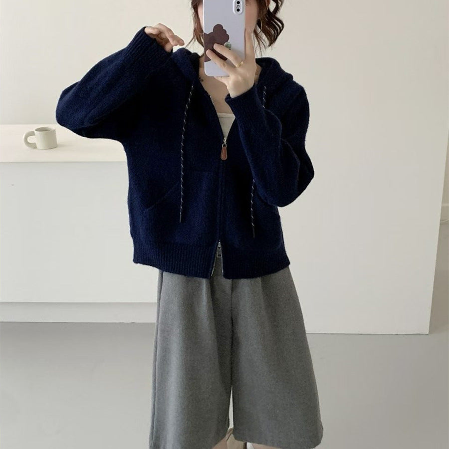 Hooded short cardigan sweater