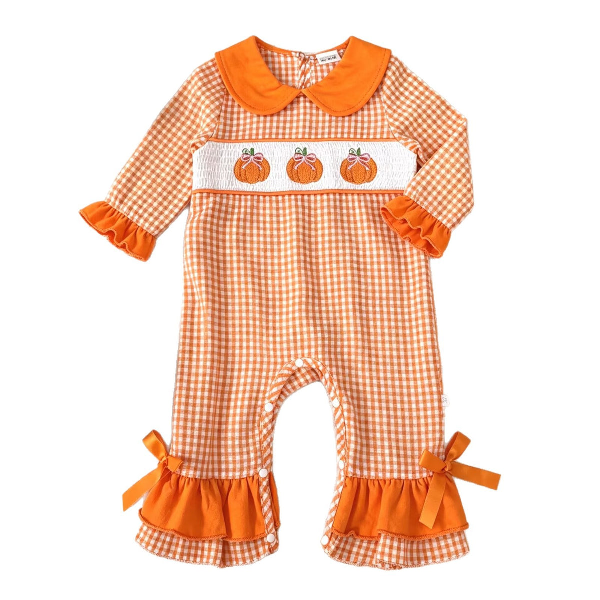 Baby Long Sleeve Romper with Orange Plaid Pumpkin Embroidery and Headband Set, Halloween Newborn Onesie Two-Piece Outfit