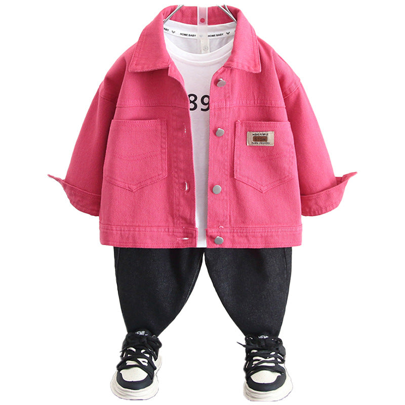 Casual Pink Denim Shirt Jacket for Boys Spring Autumn Stylish Button Down Outerwear