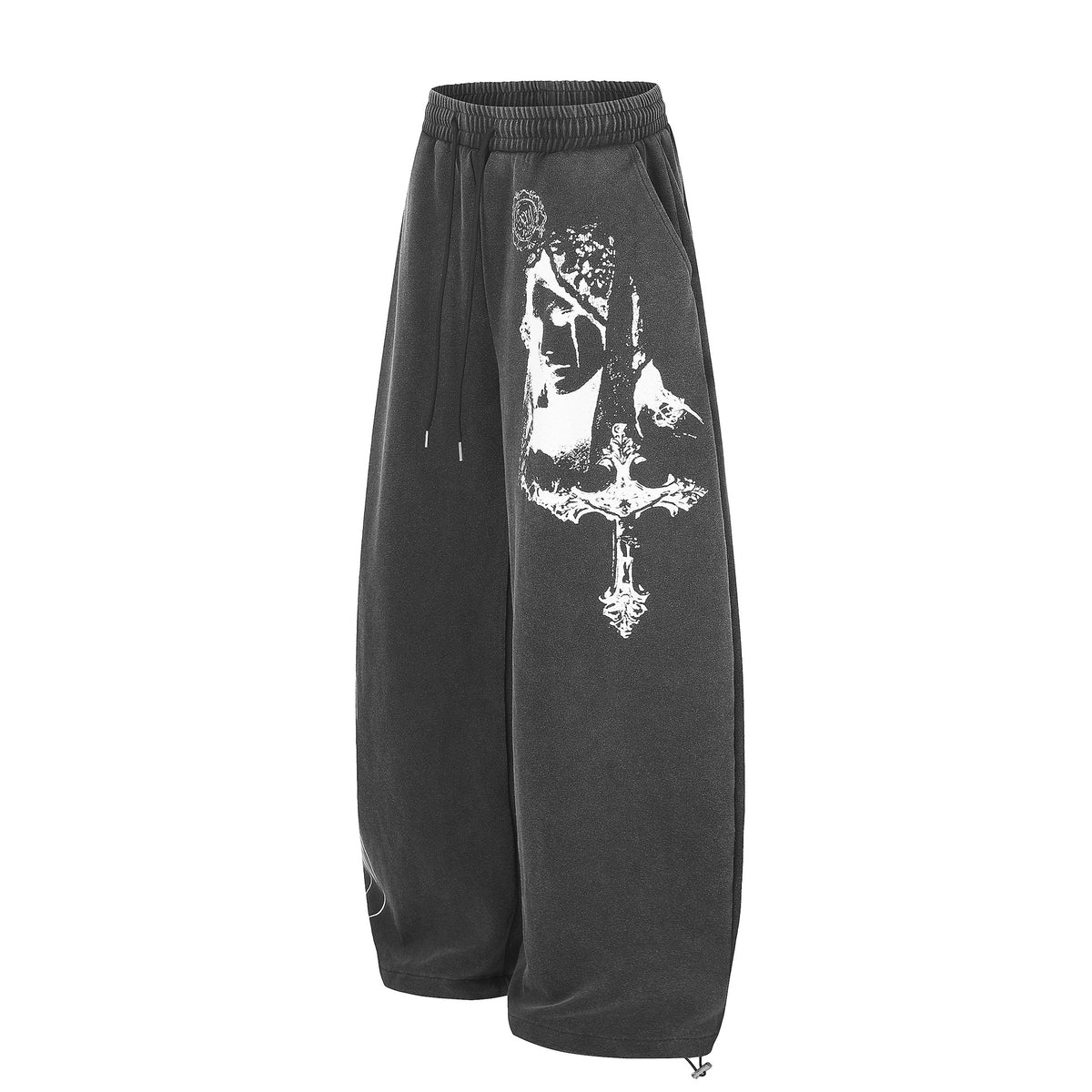Unisex American High Street Washed Portrait Print Dropped Crotch Drawstring Wide Leg Casual Sweatpants