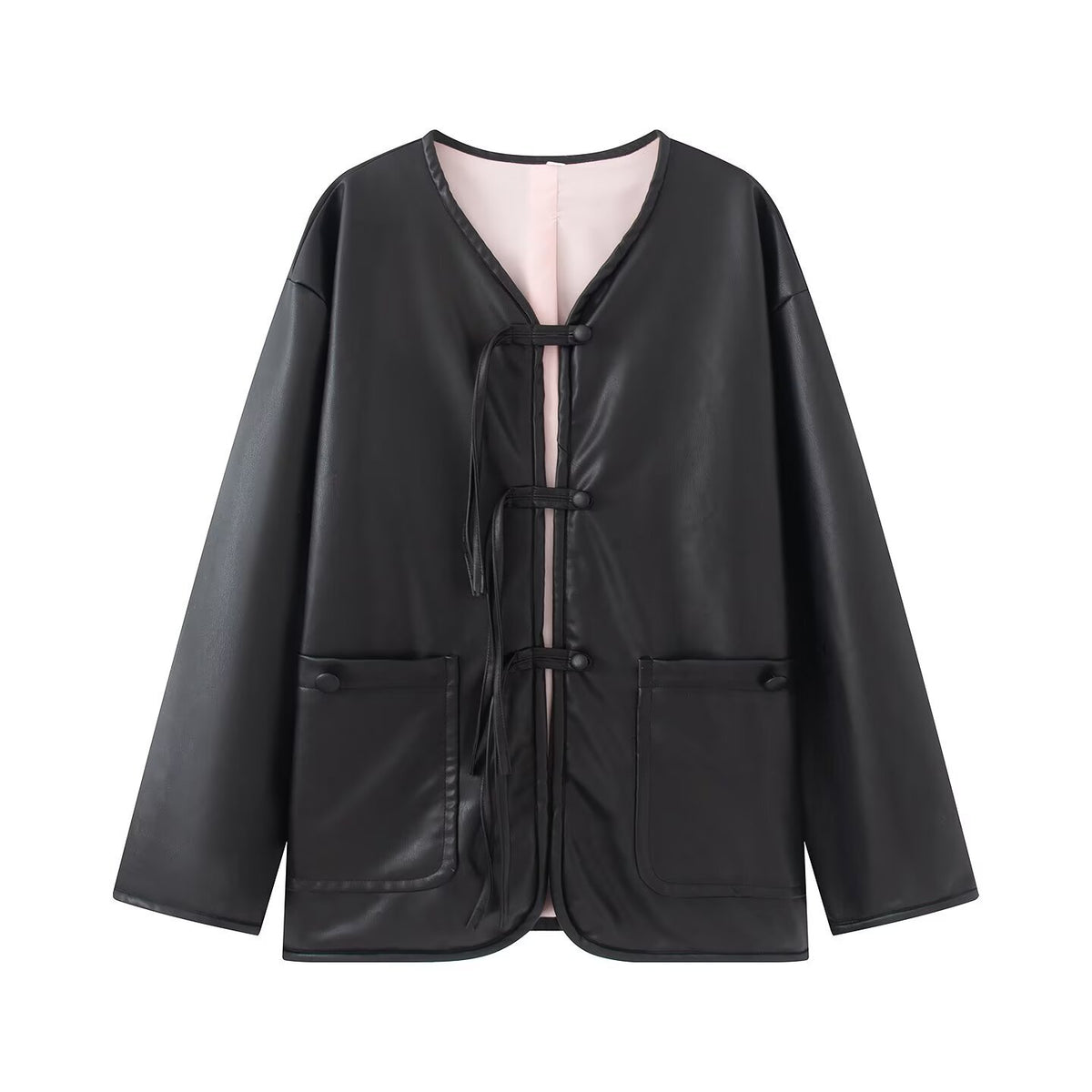Pan button long sleeved round neck leather jacket