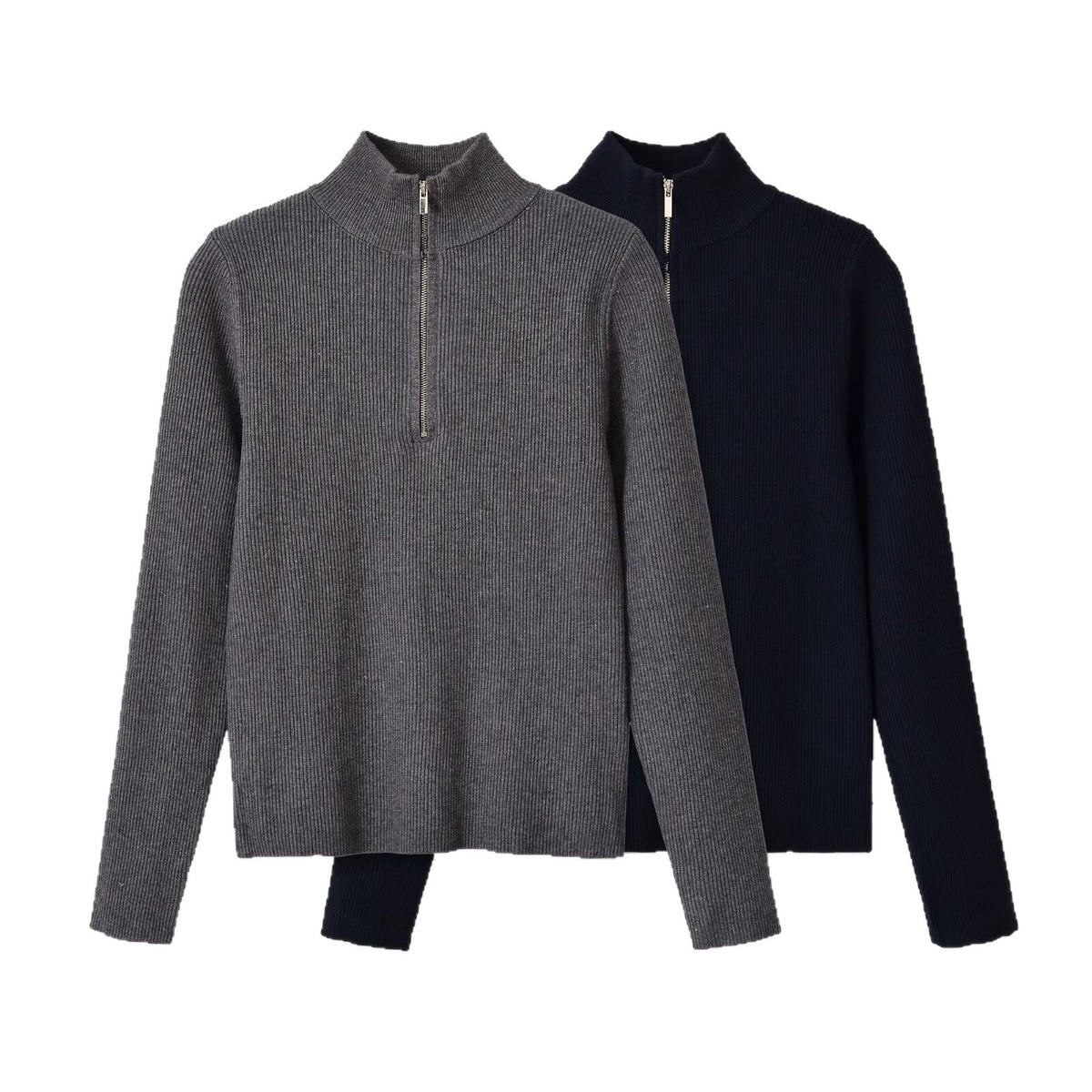 Zipper pullover stand up collar long sleeved knitted sweater for women