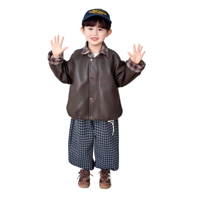 Boys PU Leather Biker Jacket Spring Autumn Motorcycle Outerwear