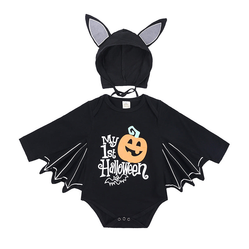Halloween Kids' Cotton Baby Onesie with Bat Sleeves for Boys and Girls, Triangular Design, Drop Shipping