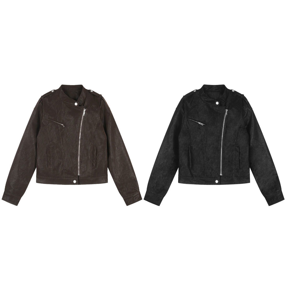 Faux Leather Asymmetric Zipper Stand Collar Cropped Loose Motorcycle Jacket