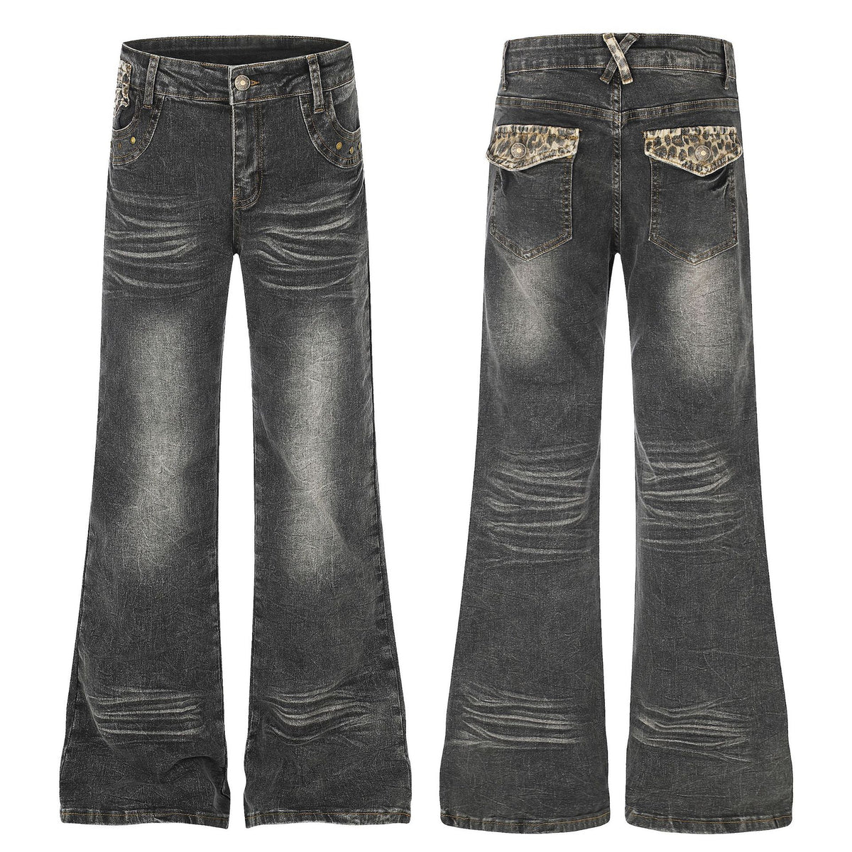 High Waist Denim Flare Jeans with Leopard Patchwork