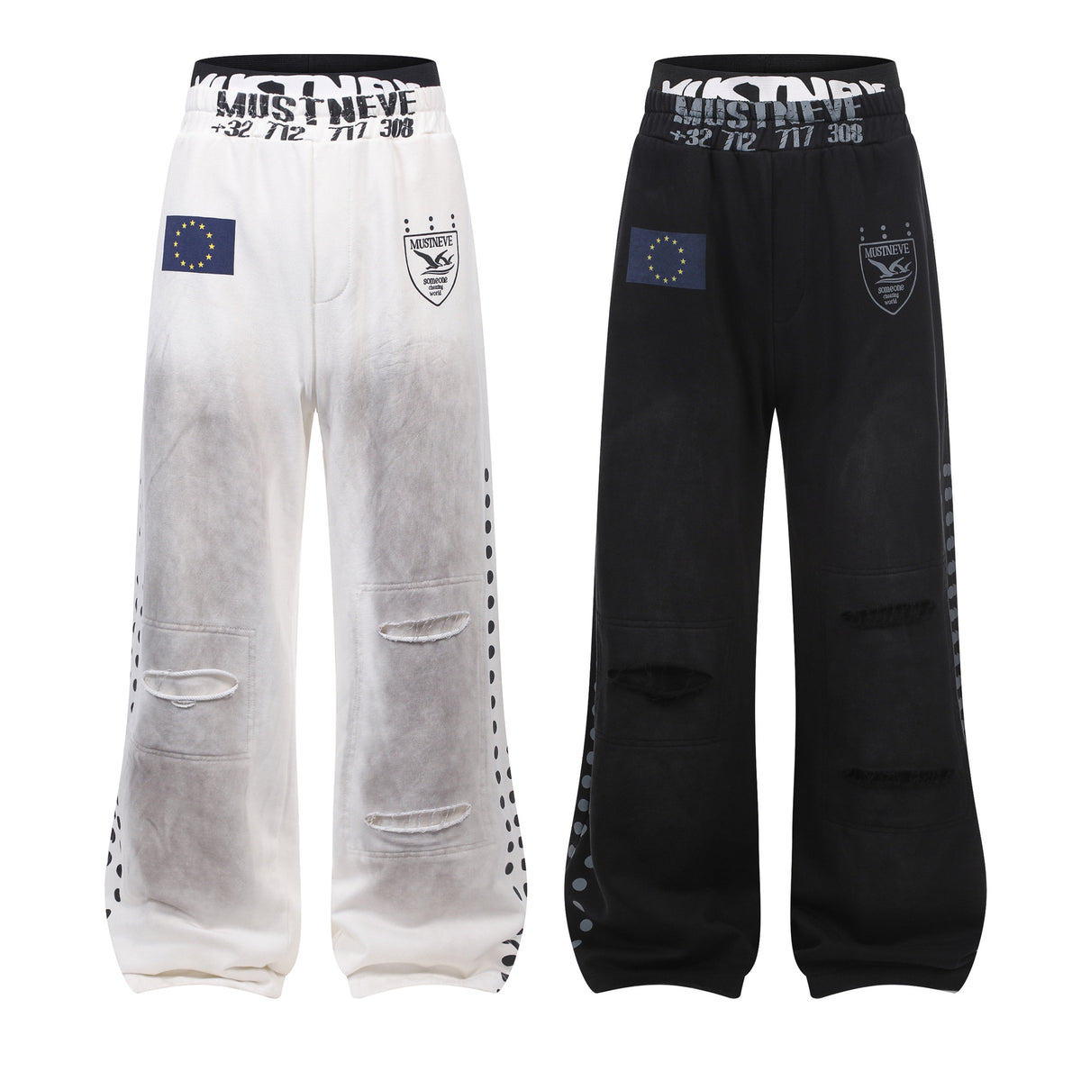 Wash Ripped Wide Leg Sweatpants Badge Polka Dot Print Unisex Loose Straight Long Pants