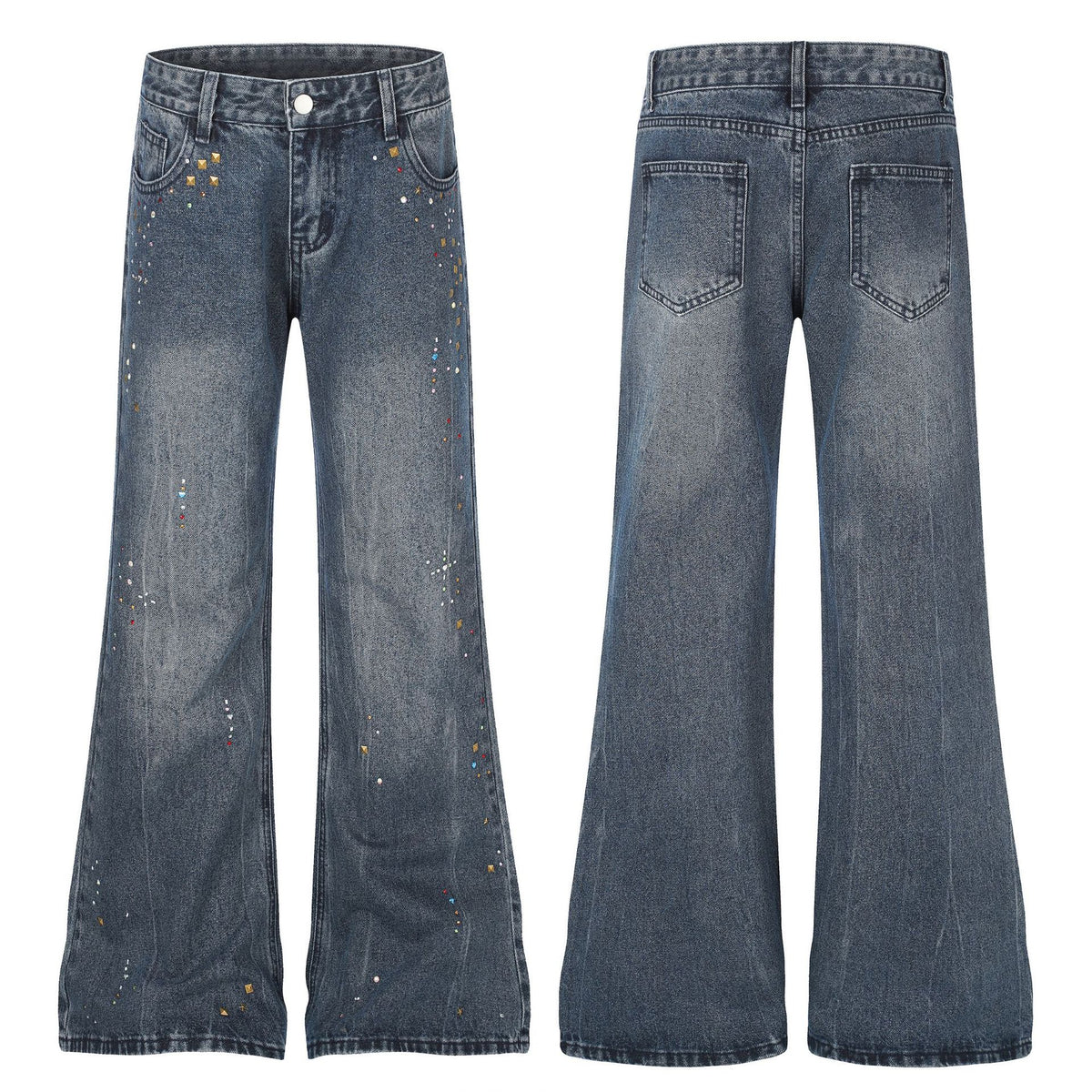 Distressed Wash Rhinestone High Waist Micro Flare Jeans for Women