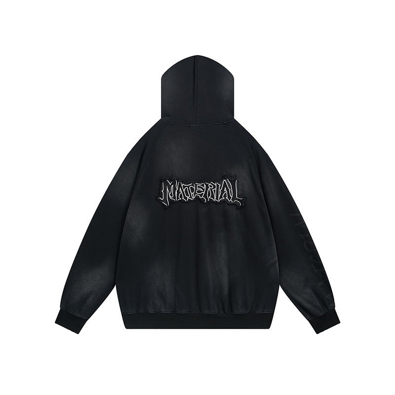 Washed Gradient Patch Embroidery Zip Up Hooded Sweatshirt Unisex Oversize Streetwear Jacket