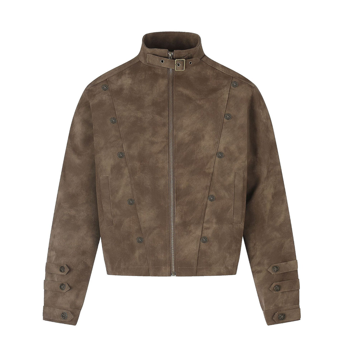 Faux Suede Metal Button Stand Collar Cropped Motorcycle Jacket for Unisex
