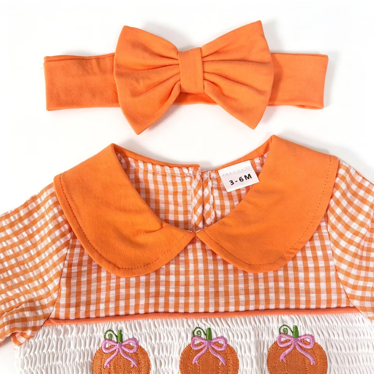 Baby Long Sleeve Romper with Orange Plaid Pumpkin Embroidery and Headband Set, Halloween Newborn Onesie Two-Piece Outfit
