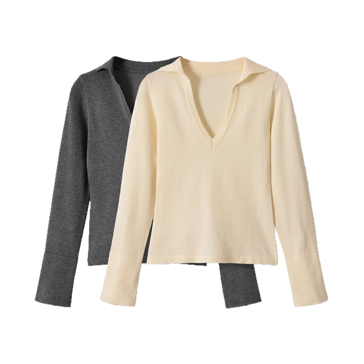Versatile casual cuff button V-neck knitted sweater for women
