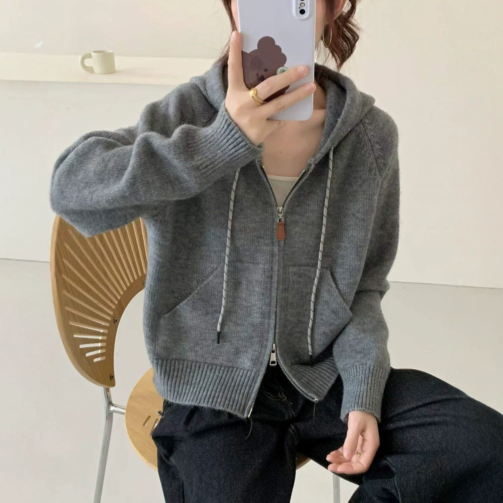Hooded short cardigan sweater