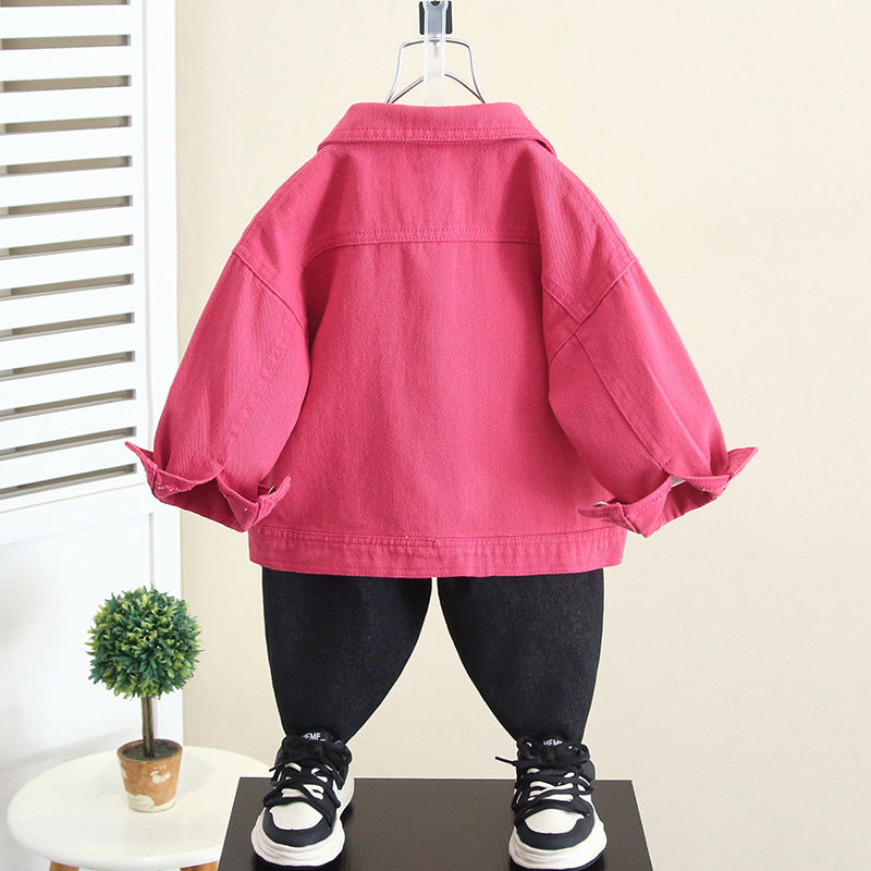 Casual Pink Denim Shirt Jacket for Boys Spring Autumn Stylish Button Down Outerwear