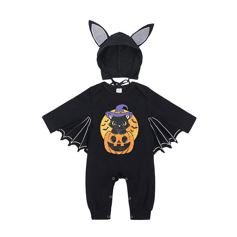 Baby Halloween Long Sleeve Onesie with Pumpkin and Bat Design, Infant Bodysuit for Crawling