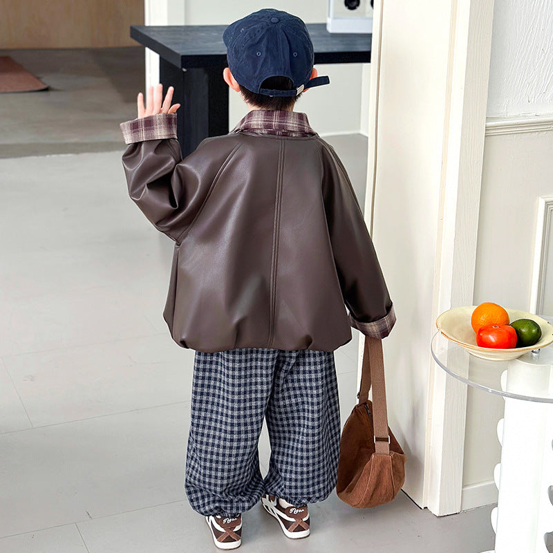 Boys PU Leather Biker Jacket Spring Autumn Motorcycle Outerwear
