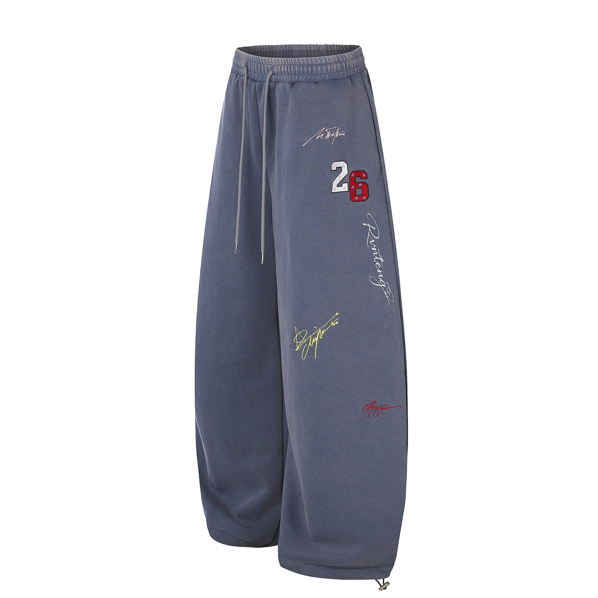 Distressed Numeric Signature Embroidery Drawstring Loose Draped Wide-Leg Casual Pants