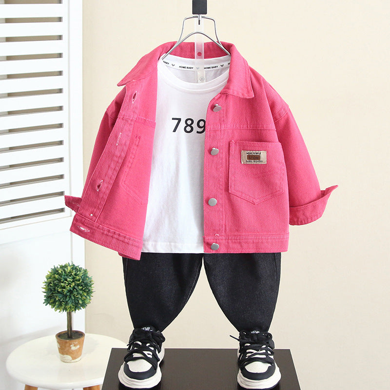Casual Pink Denim Shirt Jacket for Boys Spring Autumn Stylish Button Down Outerwear