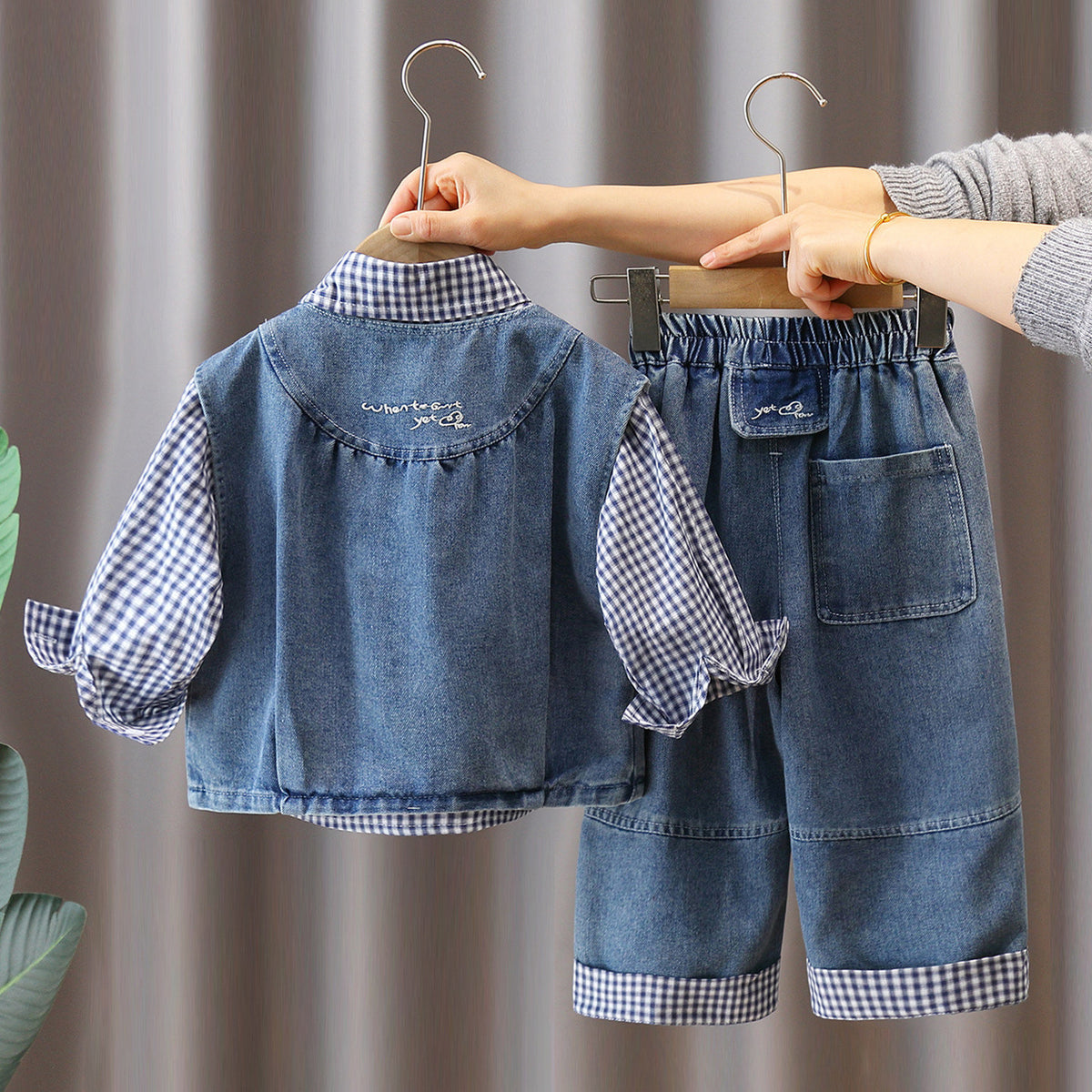 Boys Plaid Shirt Denim Vest 3-Piece Set Autumn Spring Fashion Casual Kids Clothes