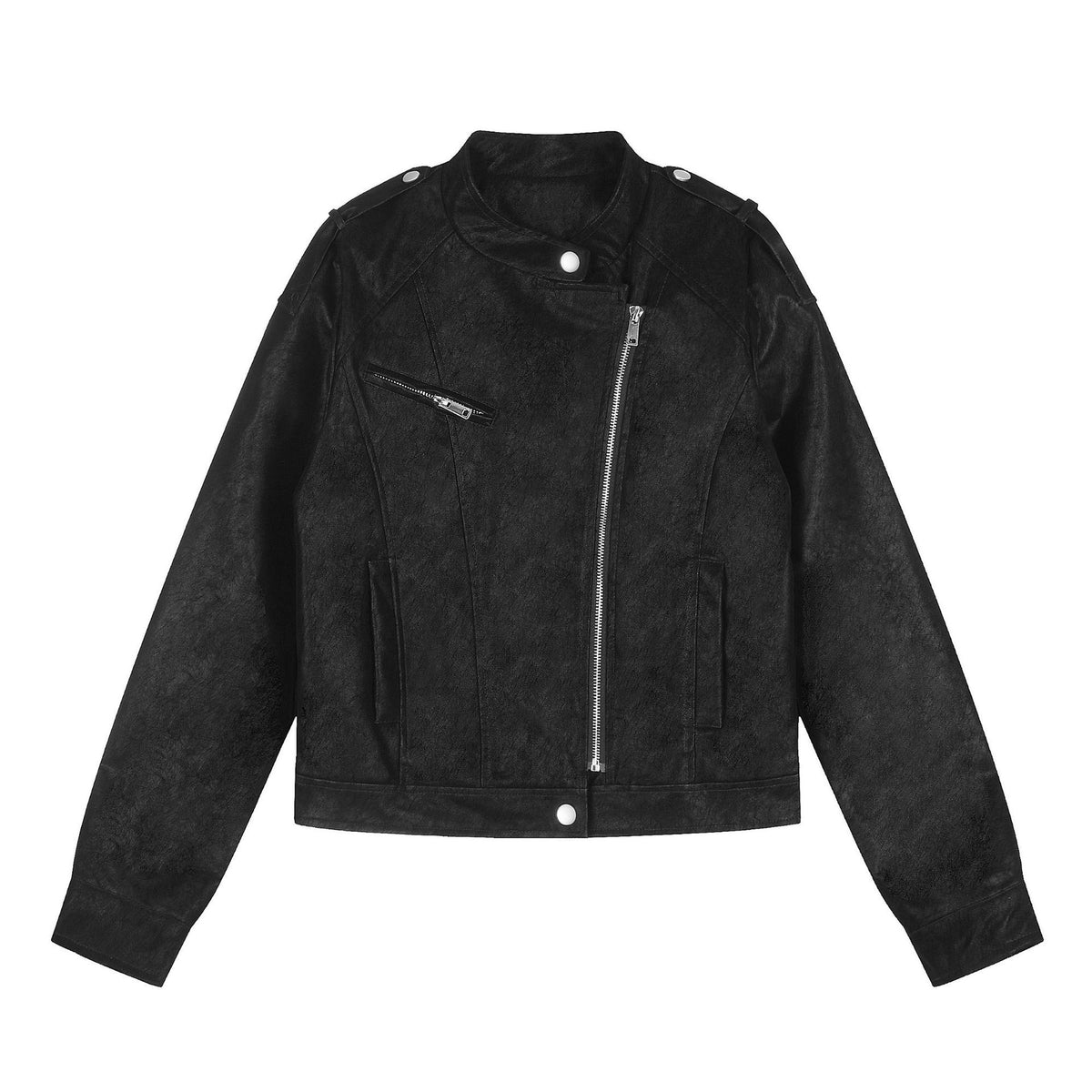 Faux Leather Asymmetric Zipper Stand Collar Cropped Loose Motorcycle Jacket