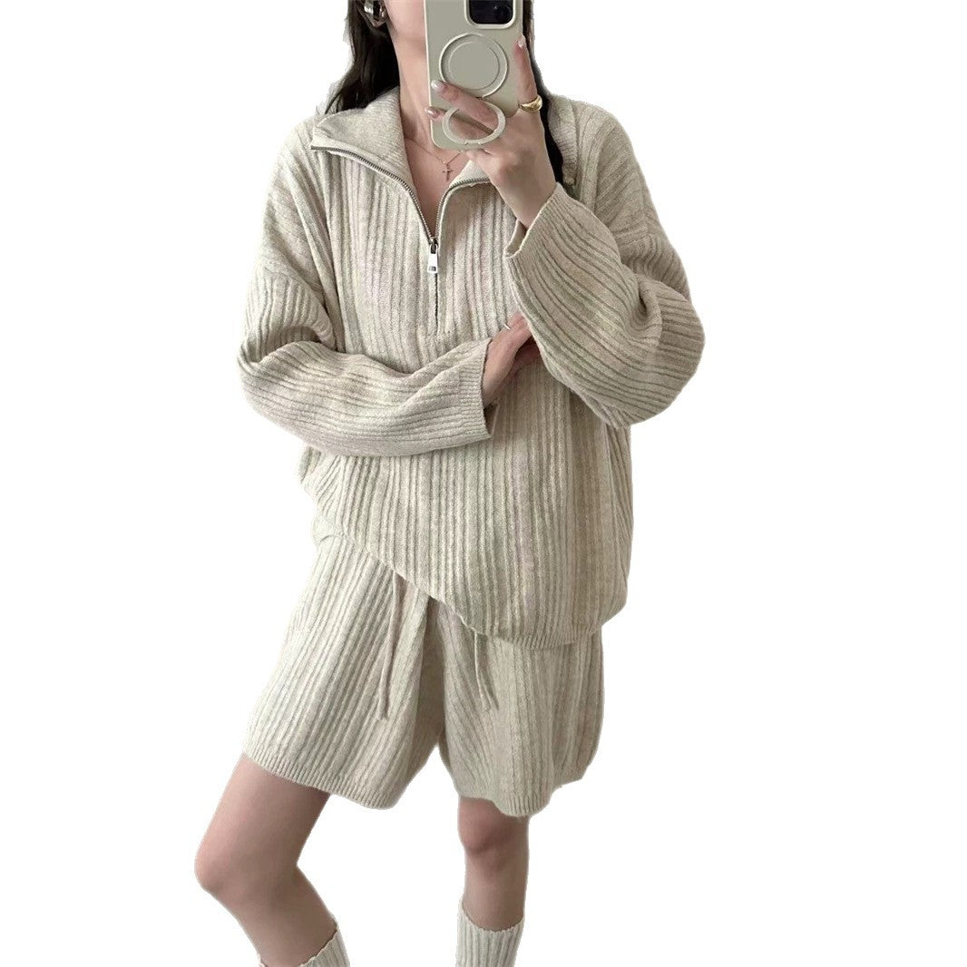 Half open collar zipper pullover sweater shorts two-piece set