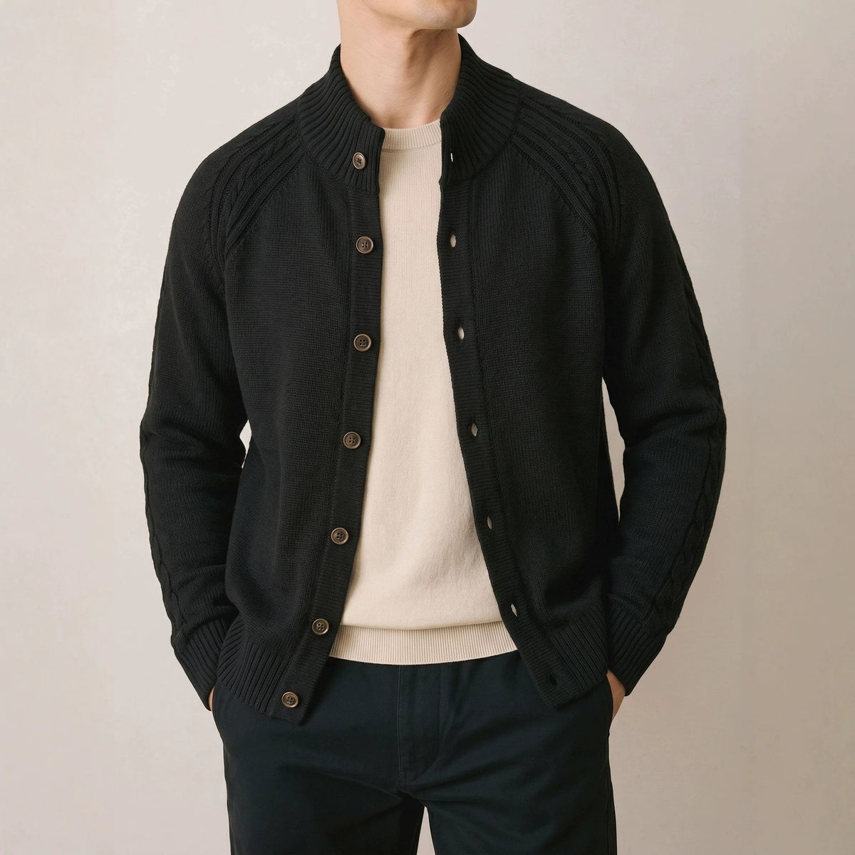 Stand up collar single breasted long sleeved sweater