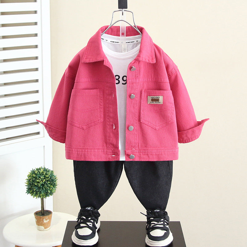 Casual Pink Denim Shirt Jacket for Boys Spring Autumn Stylish Button Down Outerwear