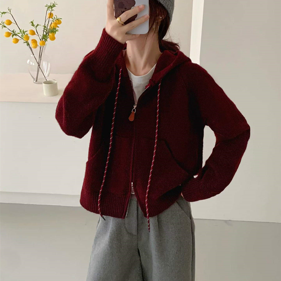 Hooded short cardigan sweater