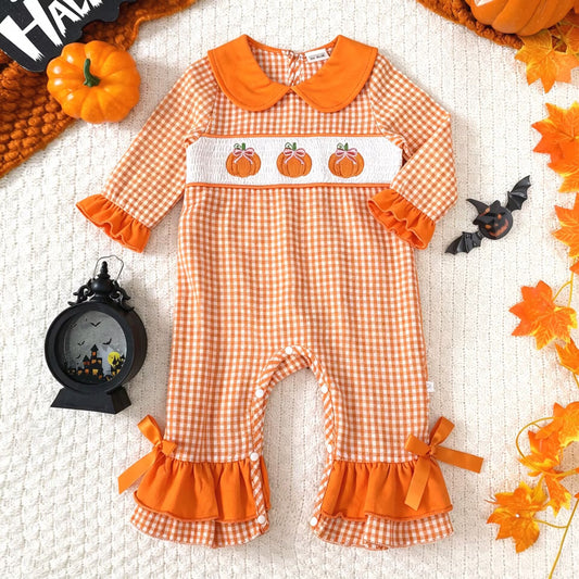 Baby Long Sleeve Romper with Orange Plaid Pumpkin Embroidery and Headband Set, Halloween Newborn Onesie Two-Piece Outfit