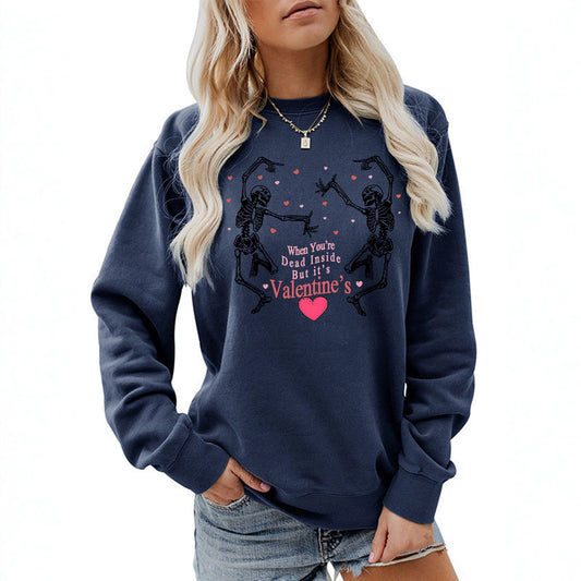 Skeleton print round neck fleece hoodie for women