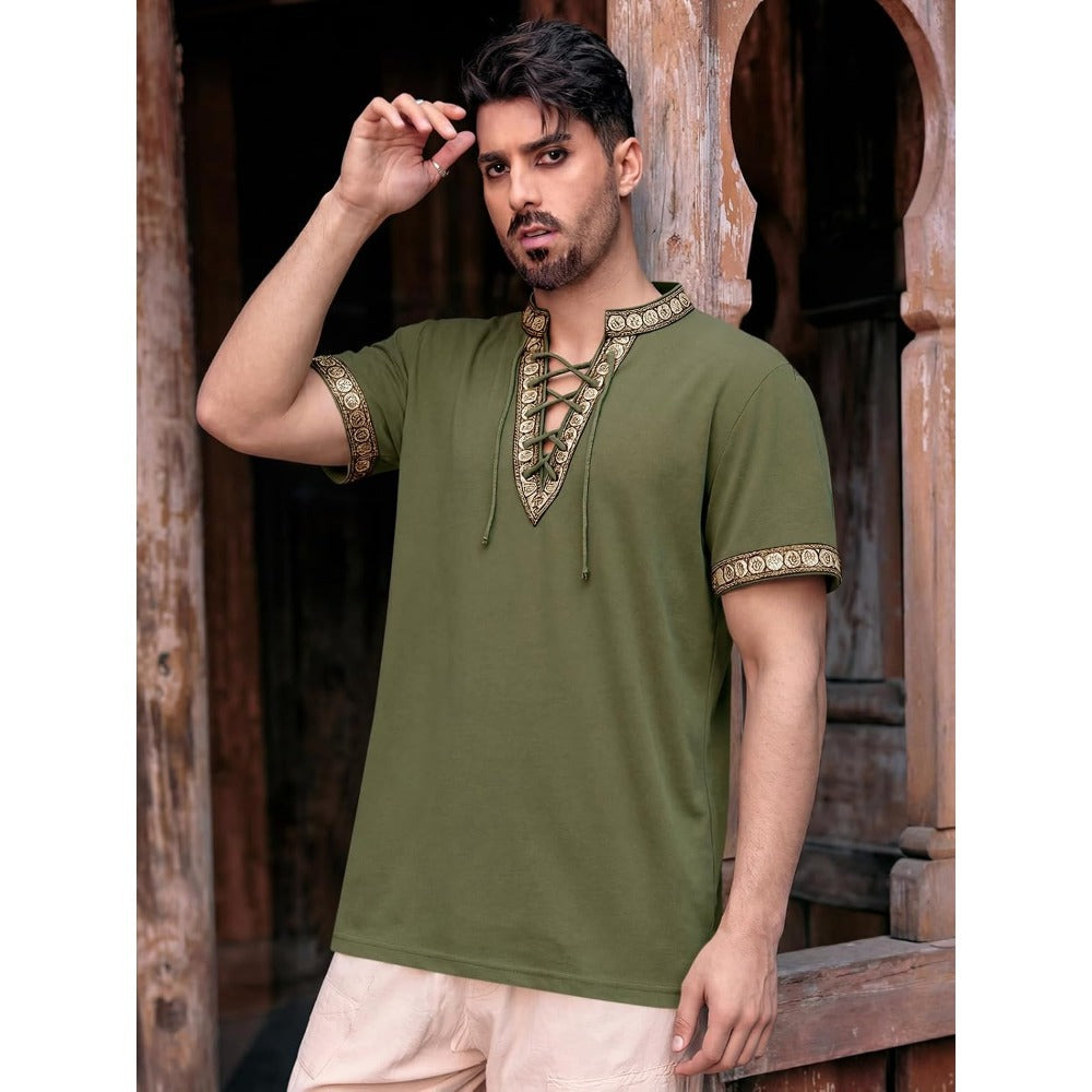 Men's Medieval Pirate Shirt Cotton Tie-up Renaissance Shirt Viking Retro Scottish Halloween Costume