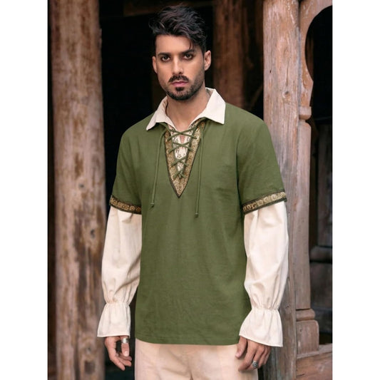 Men's Medieval Pirate Shirt Cotton Tie-up Renaissance Shirt Viking Retro Scottish Halloween Costume