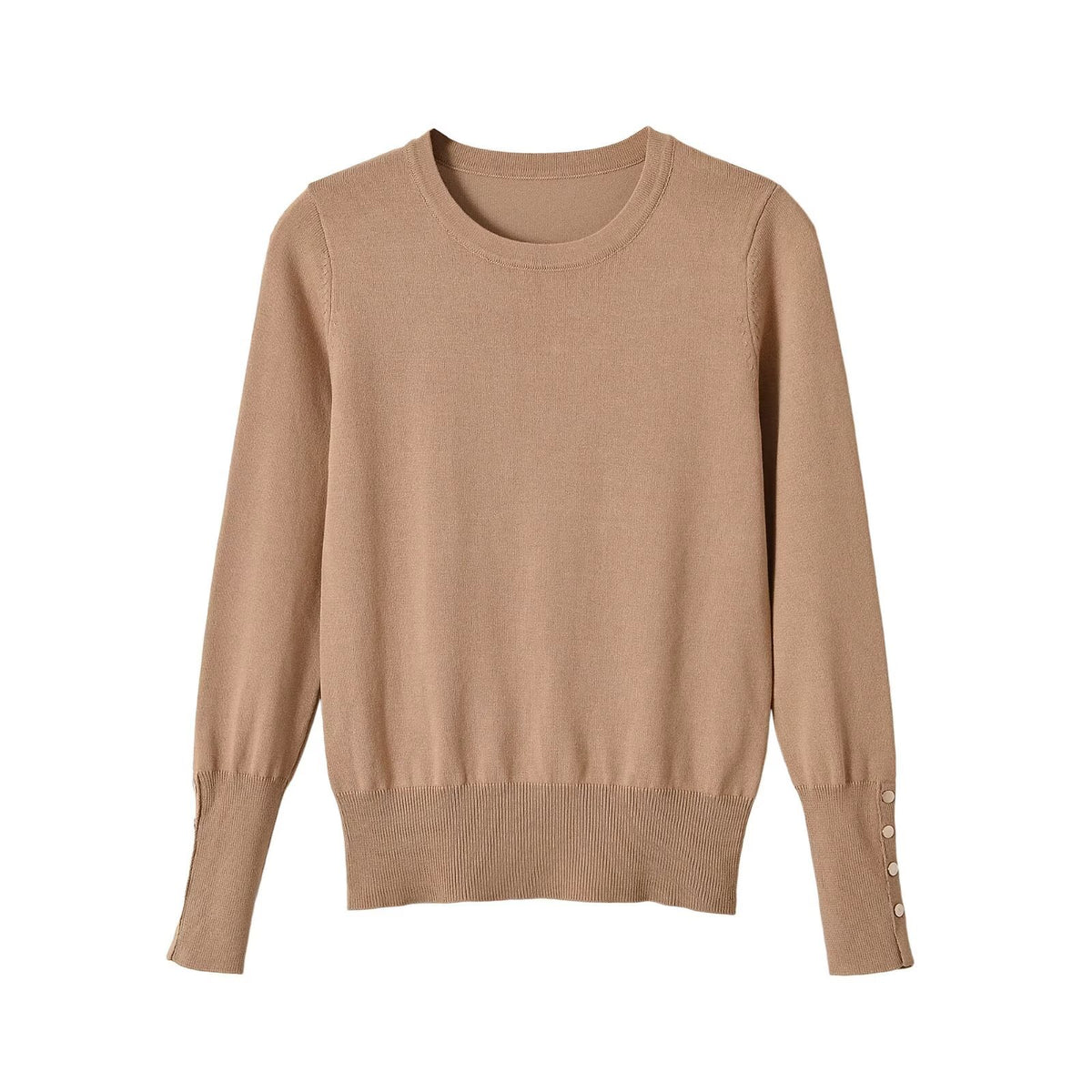 Round neck button decoration long sleeved knitted sweater for women