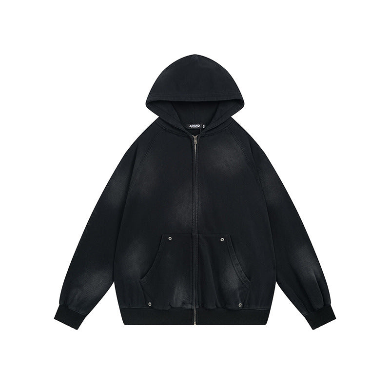 Washed Gradient Patch Embroidery Zip Up Hooded Sweatshirt Unisex Oversize Streetwear Jacket