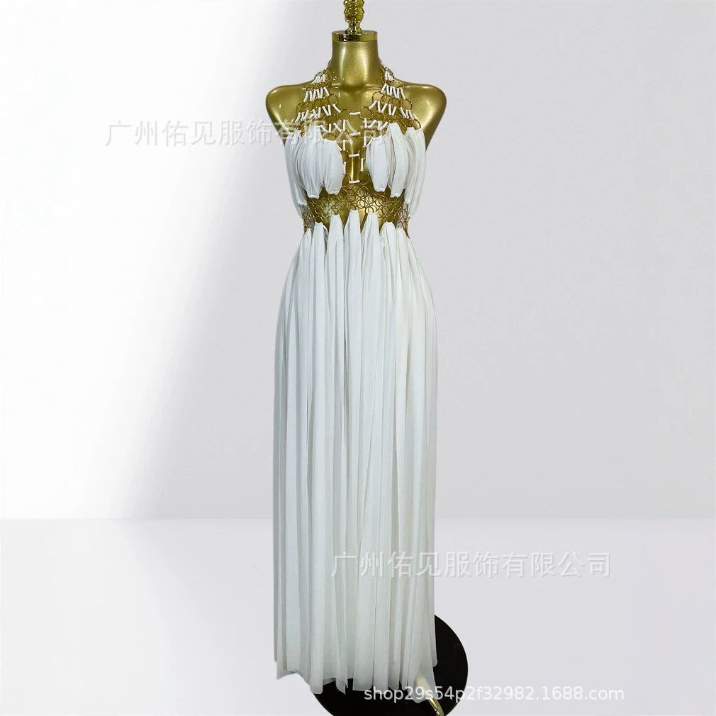 Sexy Plunging Neckline Halter Hollow-out Metal Ring Party Dress
