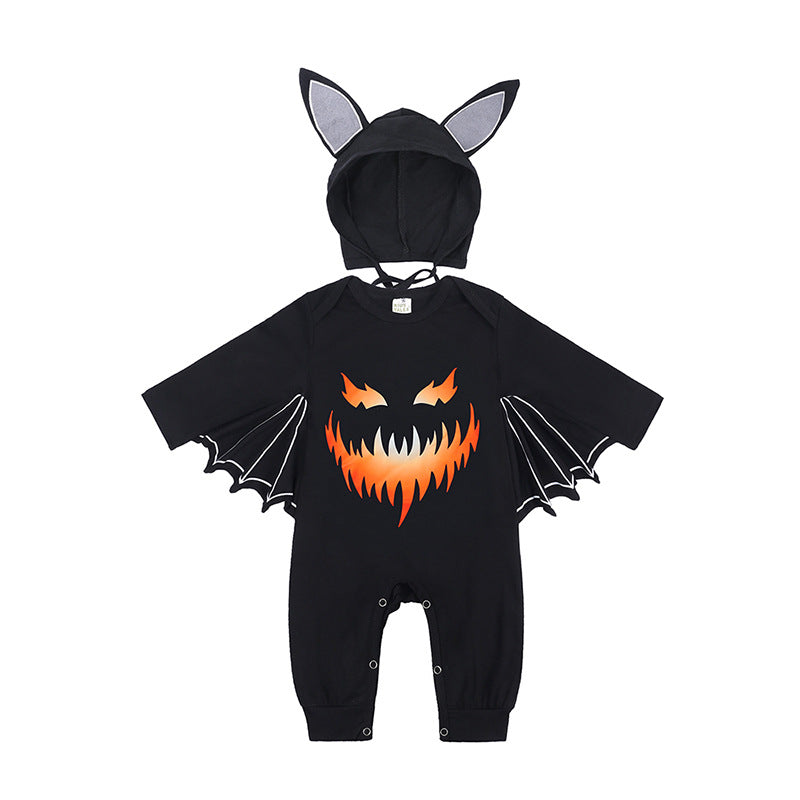 Baby Halloween Long Sleeve Onesie with Pumpkin and Bat Design, Infant Bodysuit for Crawling