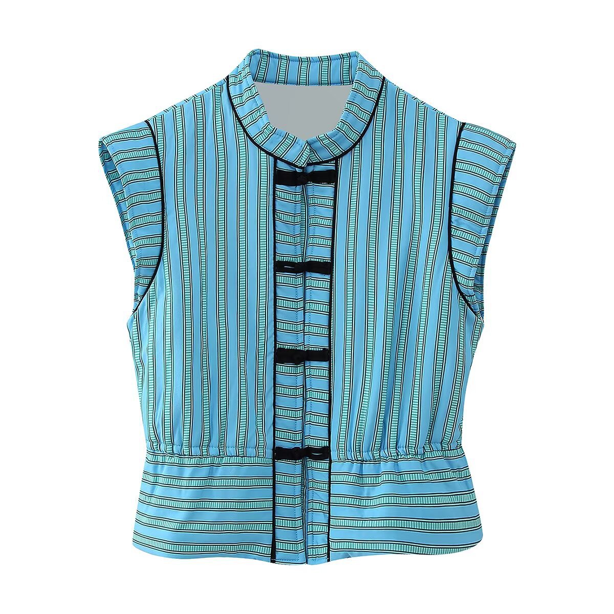 Single row buckle trimmed striped cotton vest for women