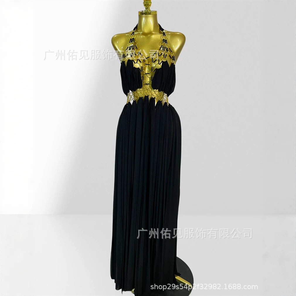 Sexy Plunging Neckline Halter Hollow-out Metal Ring Party Dress