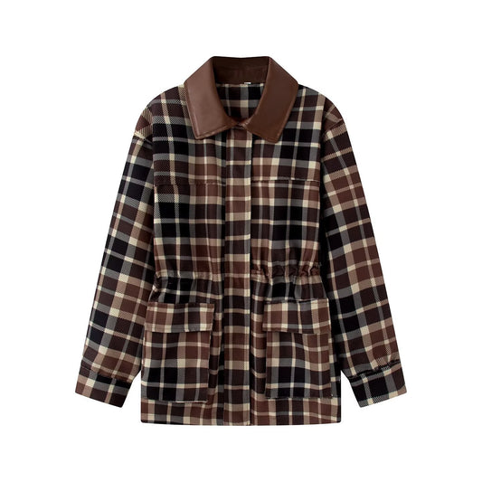 Single breasted contrasting collar plaid long sleeved jacket