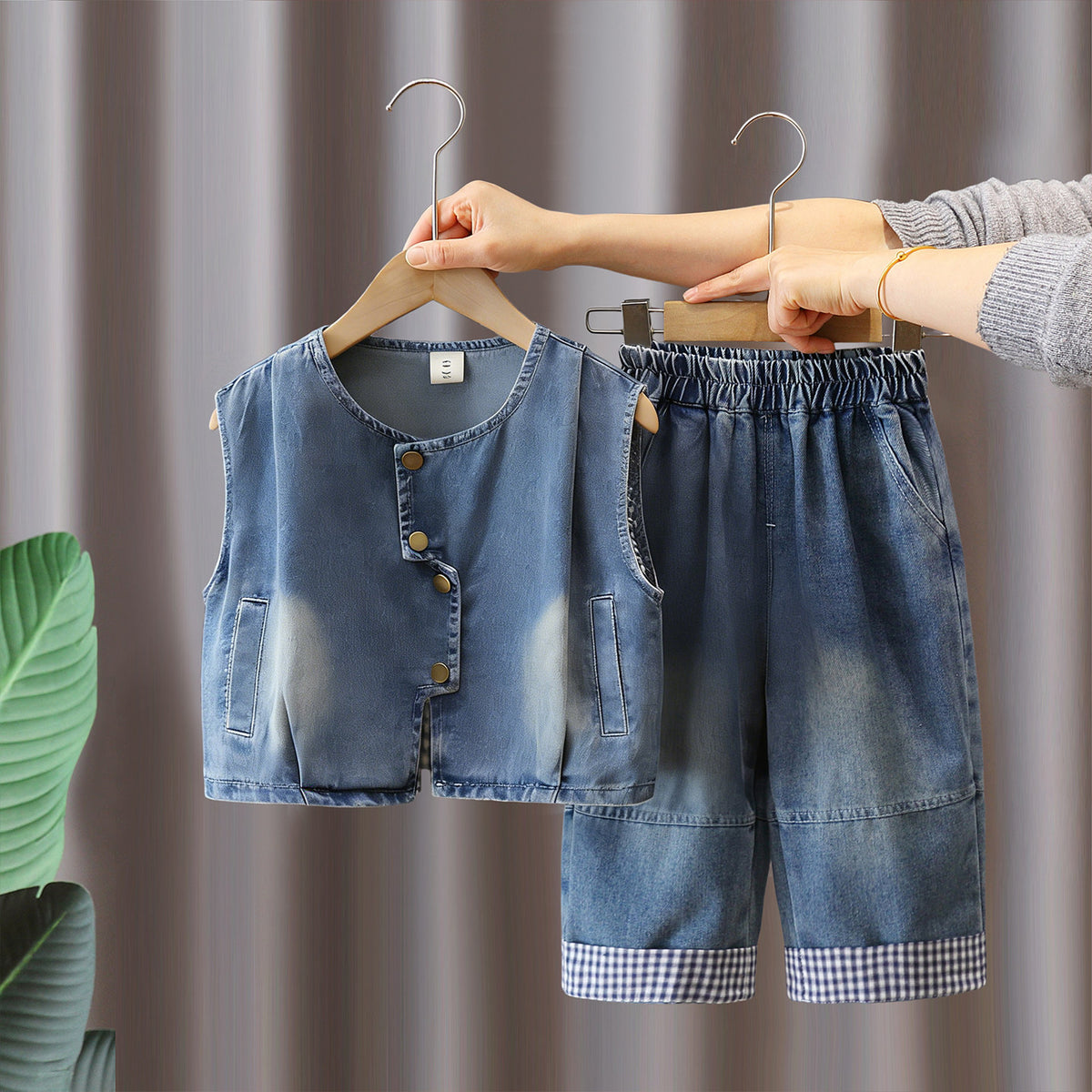 Boys Plaid Shirt Denim Vest 3-Piece Set Autumn Spring Fashion Casual Kids Clothes
