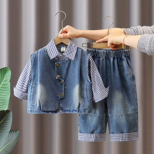 Boys Plaid Shirt Denim Vest 3-Piece Set Autumn Spring Fashion Casual Kids Clothes