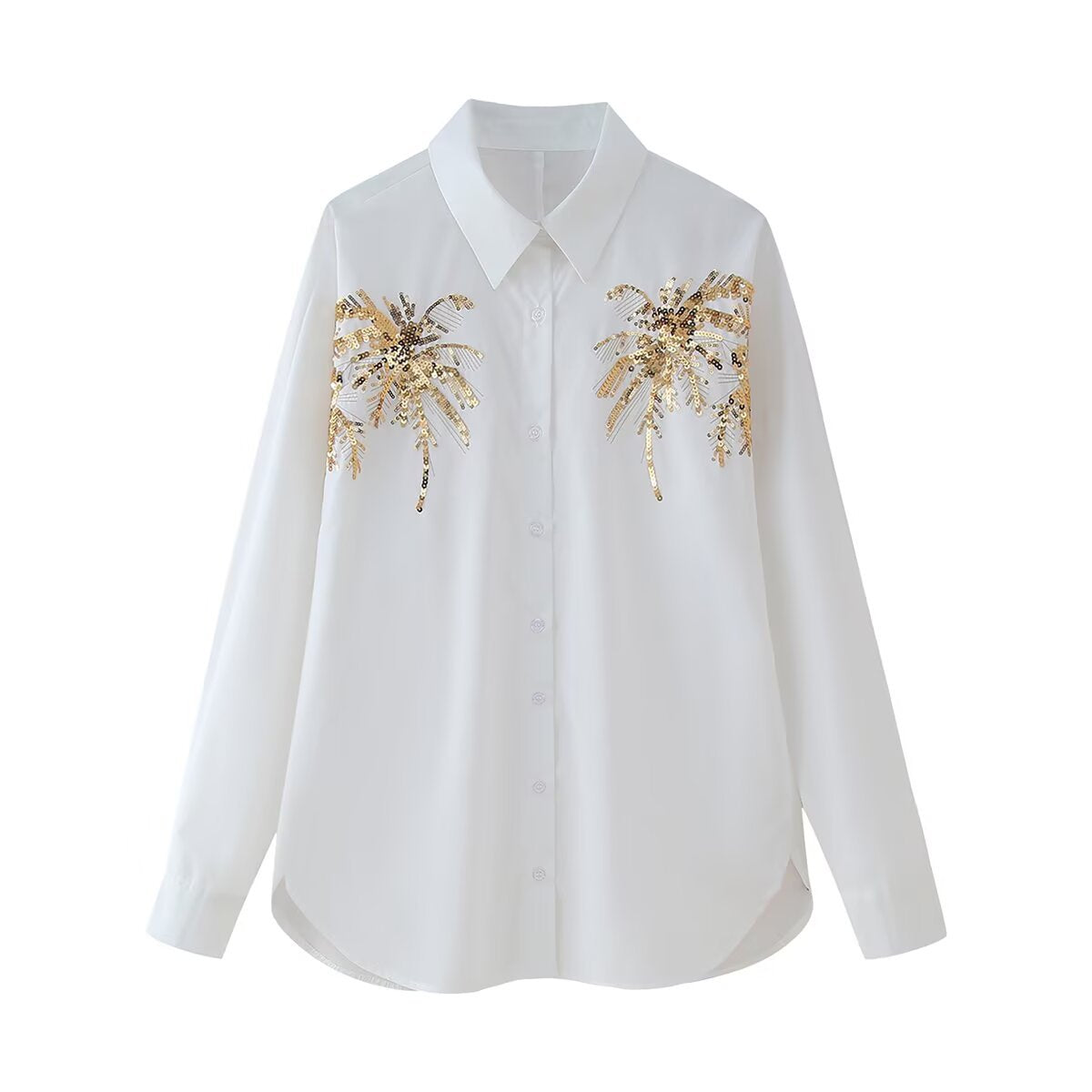 Bead embroidered long sleeved lapel shirt