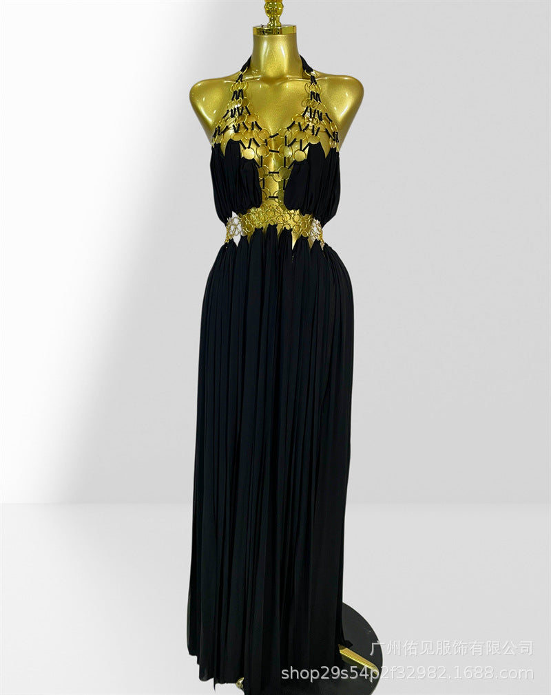 Sexy Plunging Neckline Halter Hollow-out Metal Ring Party Dress