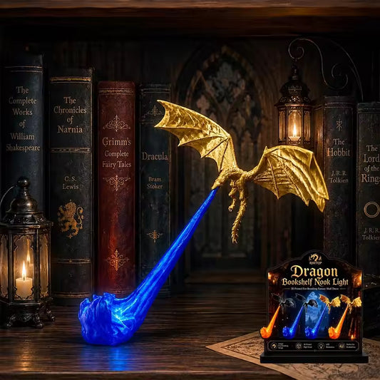 3D Dragon Bookshelf Light with Fire – LED Flying Dragon Bookend, Corner Lamp, Unique Gift for Book Lovers & Halloween Decor